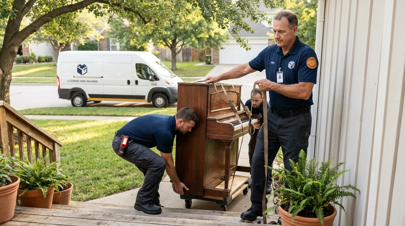 Licensed piano movers securing grand piano in Bishopville, SC