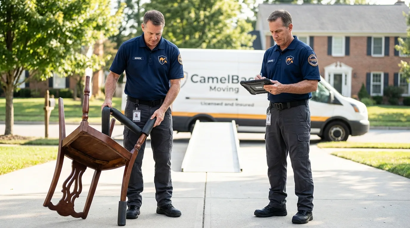 Movers inspecting furniture for damage prevention before loading in Bishopville, SC