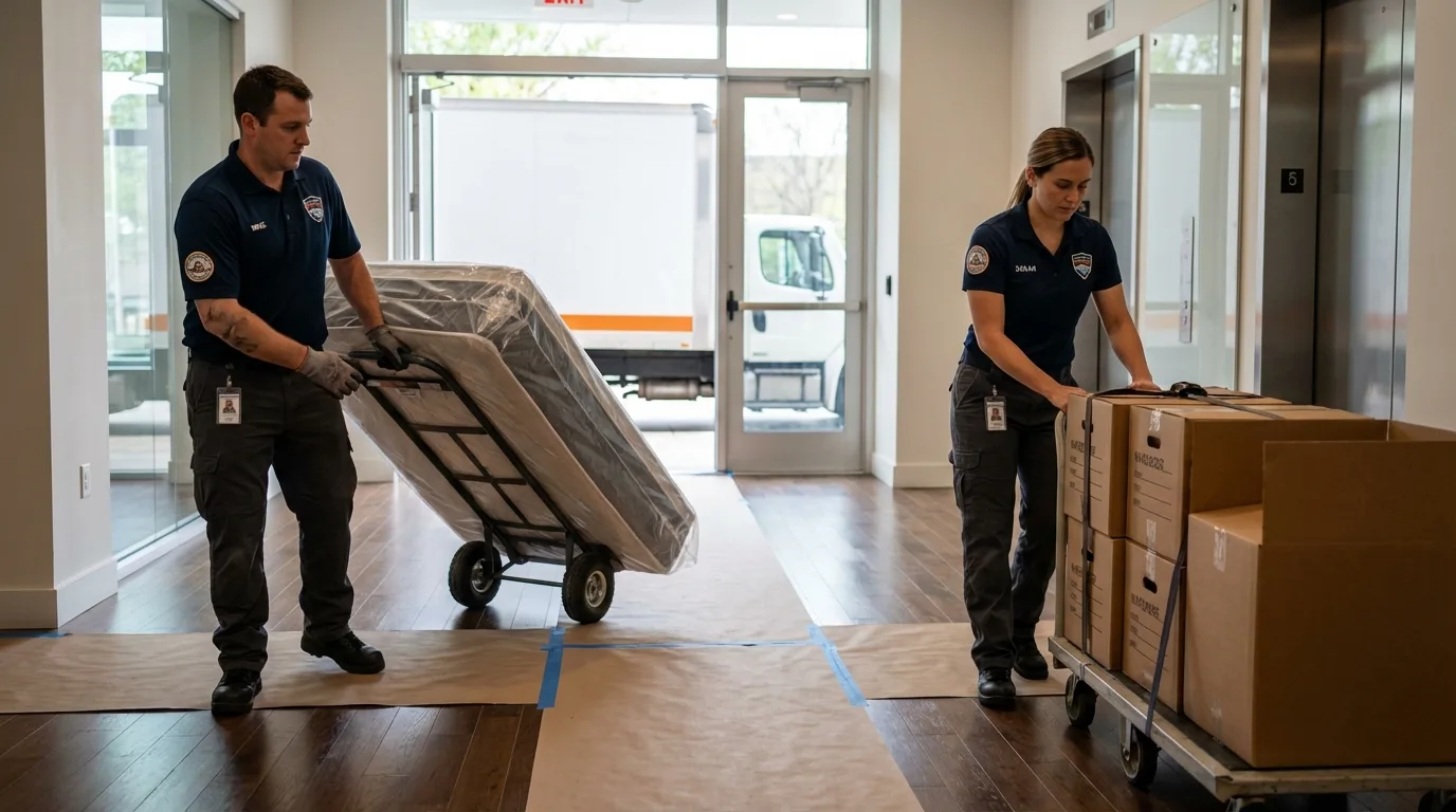Professional apartment movers loading elevator in Bishopville, SC